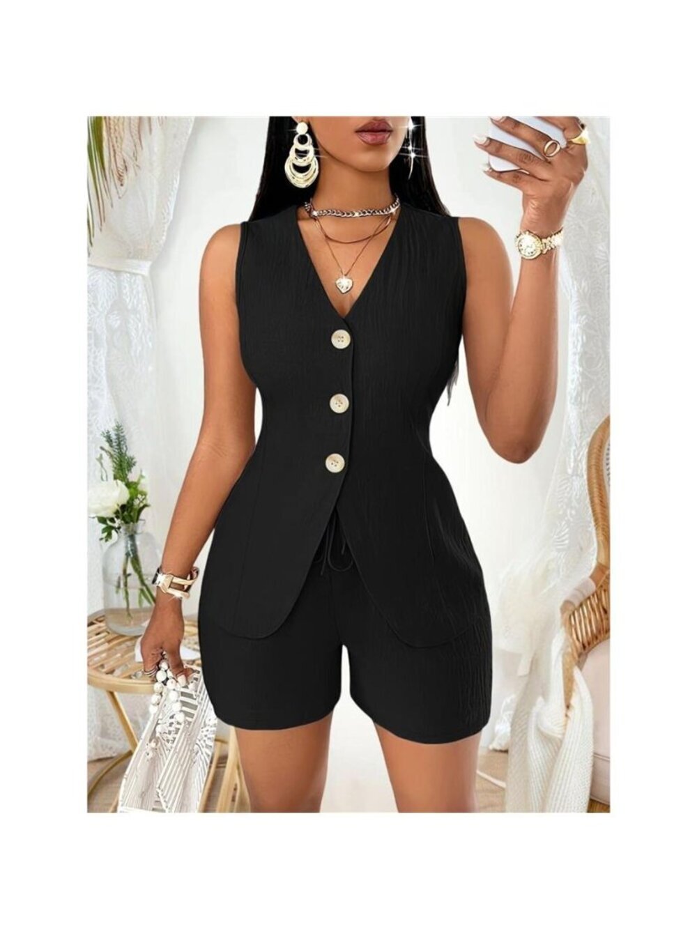 Sleeveless Button-Down Vest & Shorts Set